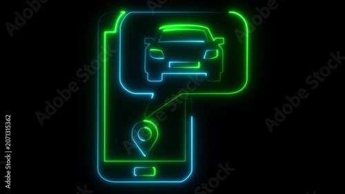 glowing neon Smartphone icon with a car in a speech bubble and location pin on black background. Perfect for ride-sharing apps, online taxi booking services, navigation and vehicle tracking systems