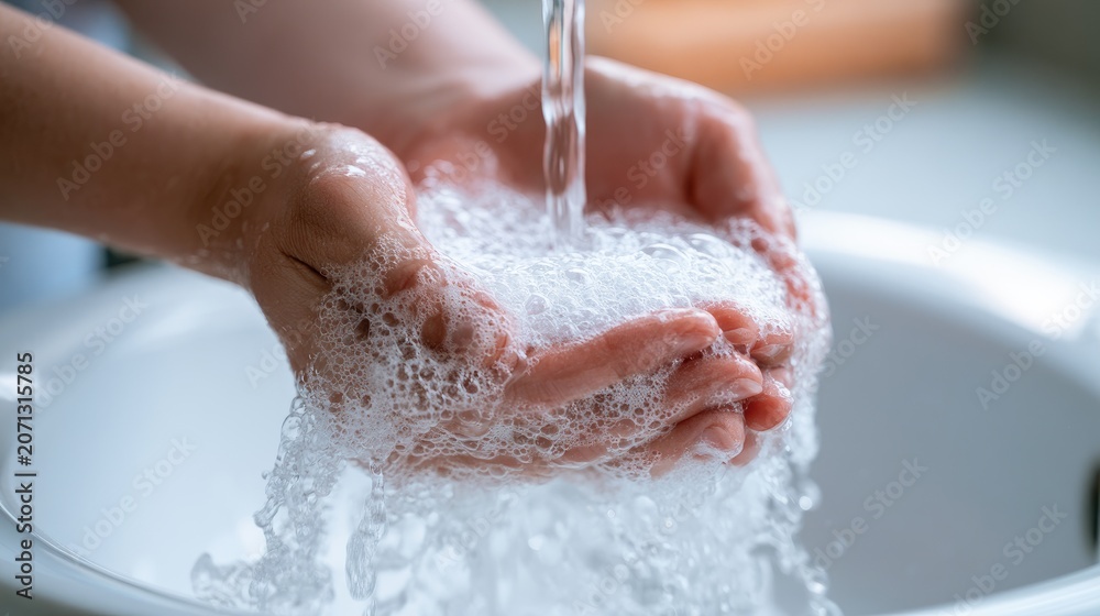 Fototapeta premium Hands cupped under running water, creating soap suds in a sink