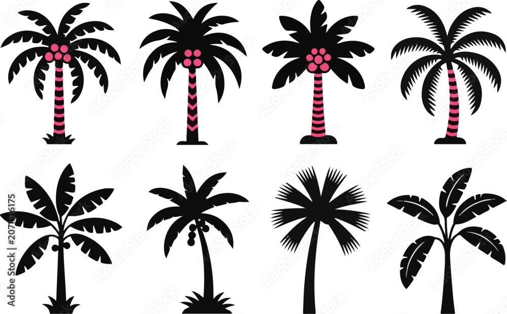 Fototapeta premium Tropical palm trees silhouettes set featuring diverse exotic plant species with coconuts and striped trunks for island beach themes.