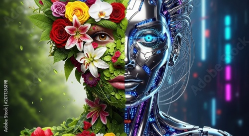 Nature meets Technology: A striking composite image depicts a fusion of organic nature, with a face adorned by vibrant flowers and lush greenery.