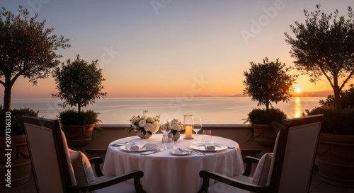 Romantic Sunset Dinner by the Sea: An exquisitely set dining table for two awaits on a scenic terrace overlooking a tranquil sea at sunset.