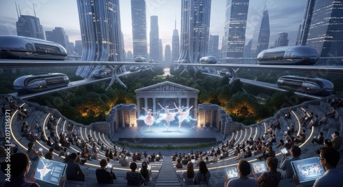 Futuristic Cityscape: A panoramic view of a futuristic metropolis, featuring towering skyscrapers, elevated transport systems, and an open-air amphitheater hosting a performance.