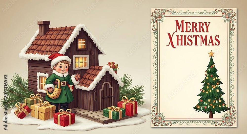 Fototapeta premium Festive Christmas Scene with Child and Decorated Fireplace.