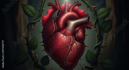 The Heart of Thorns: A symbolic representation of a human heart entwined with thorny rose branches, evoking themes of love, pain, and the complexities of emotion.