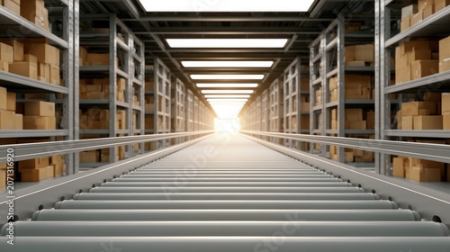 Infinite conveyor belt leading to bright light in a modern warehouse