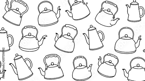 Collection of various kettle illustrations in black and white.