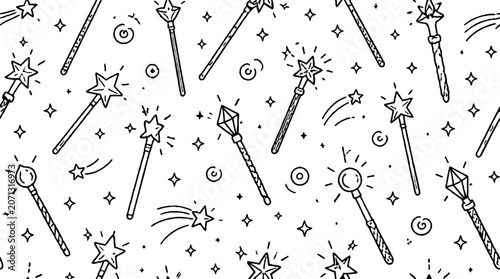 Whimsical Magic Wand and Star Pattern Design.