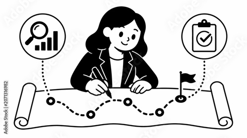 Woman analyzing business strategy on scroll map.