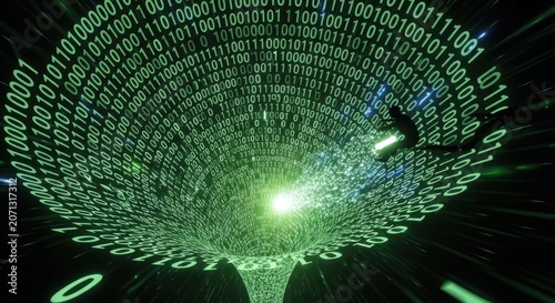 Digital Vortex: A surreal visualization of a digital vortex or black hole, comprised of binary code, with a silhouetted figure navigating its depths.