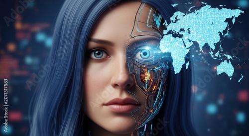 Cyborg Woman with World Map Overlay: A striking close-up of a woman with futuristic blue hair and one mechanical eye, superimposed with a glowing world map.