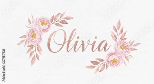 Elegant floral text 'Olivia': A delicate arrangement of blush pink peonies and rose gold leaves frames the name 'Olivia' in a flowing script, perfect for personalized stationery or invitations.
