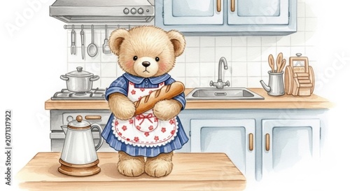 Cute Teddy Bear Baker: A charming teddy bear dressed in a blue apron holds a loaf of bread in a quaint kitchen setting, ready to bake.