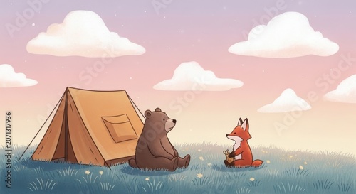 A Fox and Bear Camping Trip: Two adorable animal friends, a fox and a bear, sit peacefully beside a tent in a grassy field under a soft twilight sky, sharing a quiet moment.