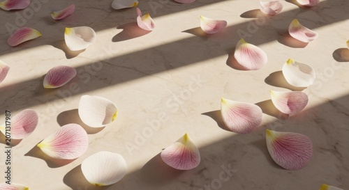 Scattered Rose Petals: Delicate rose petals, in soft shades of pink and white, are scattered across a textured surface, casting gentle shadows under the dappled sunlight.