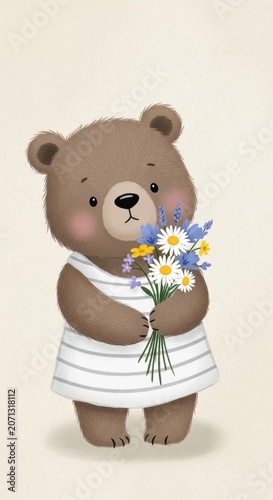 Cute Bear with Flowers: A charming illustration of a fluffy brown bear, dressed in a simple striped dress, holding a delicate bouquet of wildflowers, conveying warmth and innocence.