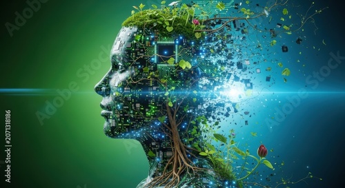 The Fusion of Nature and Technology: A profile of a human head composed of natural elements and digital components.