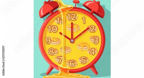 Pancake Clock Melody: A whimsical alarm clock transformed into a breakfast delight, with pancakes adorning its face and a syrupy cascade resembling melting time.