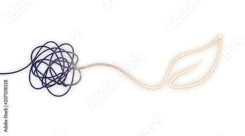 Tangled string unraveling into glowing neon leaf shape for mental healing concept