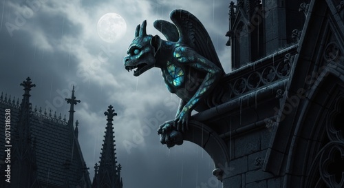 Gargoyle on Old Building Under Moonlight: A menacing gargoyle perched on the edge of an ancient gothic building watches over the night under a full moon, with rain falling.