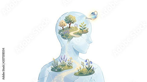 Mental health concept with blooming garden path inside transparent human silhouette, 3D digital illustration