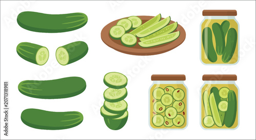 Принти на полотні Cucumbers and pickled cucumbers illustration a colorful vector arrangement on a