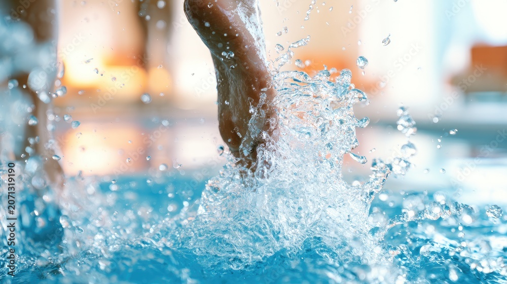 Fototapeta premium Person's feet stride through clear blue water, creating dynamic splashes