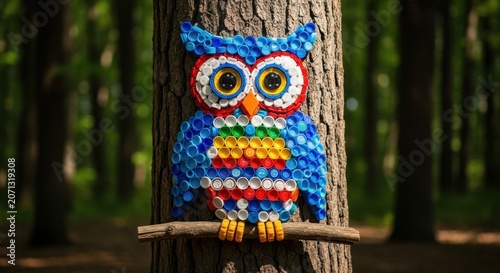 Whimsical Owl Art Installation: A vibrant and colorful owl sculpture, crafted from recycled bottle caps, sits perched on a branch against a blurred forest background. Its wide.