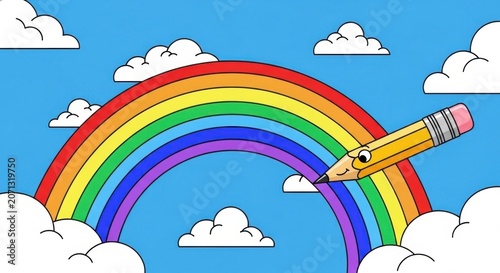 Rainbow Creation: A cheerful pencil draws a vibrant rainbow across a bright blue sky filled with fluffy clouds, symbolizing creativity and imagination.
