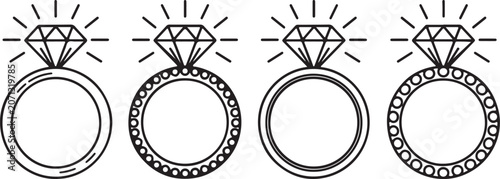 Schilderij op canvas Shiny engagement diamond rings set for marriage proposal icons isolated on transparent background for jewelry store product display
