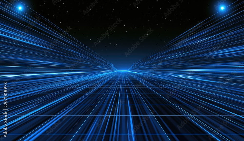 Fototapeta premium Fast blue light trails rush towards a distant horizon under a starry sky