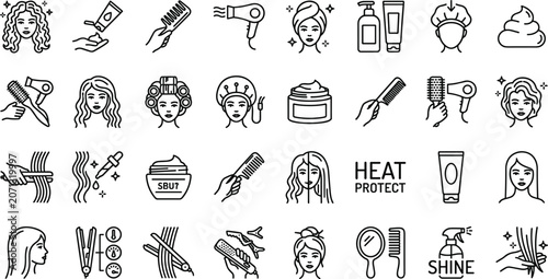 Fotografía Hair styling and heat protection line icon set with curling rollers straightener