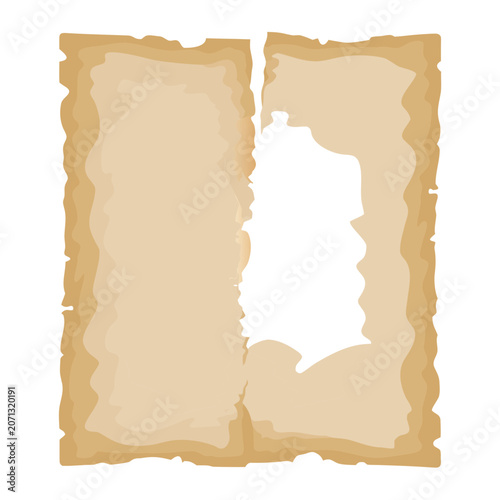 Two vertical strips of antique paper with jagged torn edges and central hole damage creating realistic vintage weathered paper textures.