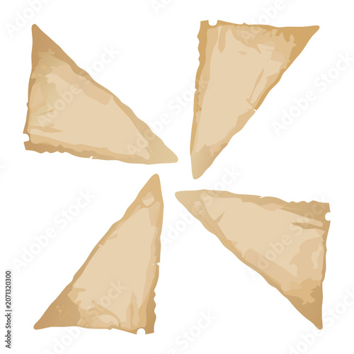Old worn paper sheets arranged in geometric pattern with rough edges collection isolated on transparent background.