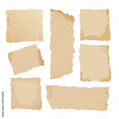 Collection old worn paper sheets, various shapes with rough edges set isolated on transparent background vector.