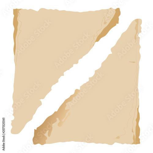 Old grunge paper sheets in triangle forms on transparent background isolated object, empty design, vector illustration.