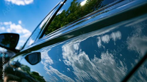Gleaming dark car door reflects bright blue sky, clouds, and green trees