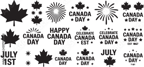 Canada day celebration set with maple leaves fireworks and patriotic text for national holiday event banners and card crafts.