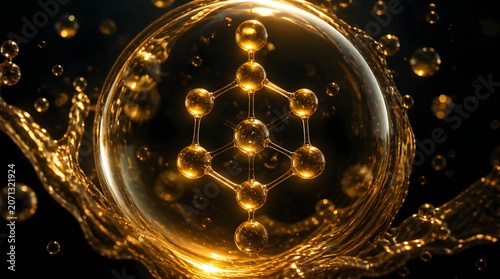 Crystalline molecular structure encased in a golden droplet, luxury serum and advanced skincare ingredient concept