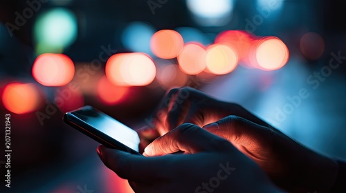 Hands hold a glowing phone against a blurred, colorful urban night backdrop