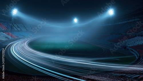 Lit stadium at night with motion blur trails on the track