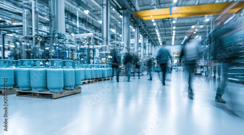 Blurred figures walk through a bright, modern factory with rows of blue gas cylinders