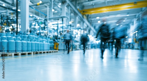 Busy factory floor with blurred figures and rows of blue cylinders