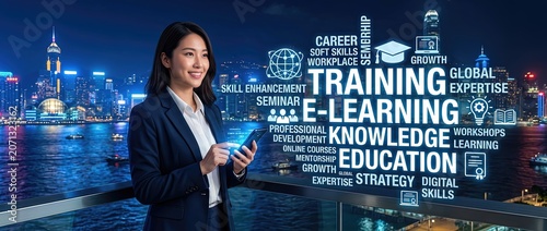 Professional woman engaged in e learning and training strategies amidst a cityscape at night highlighting growth in digital skills and career development