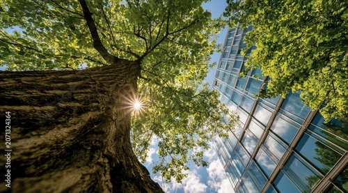 Sunlit tree trunk contrasts with modern glass building and lush green foliage