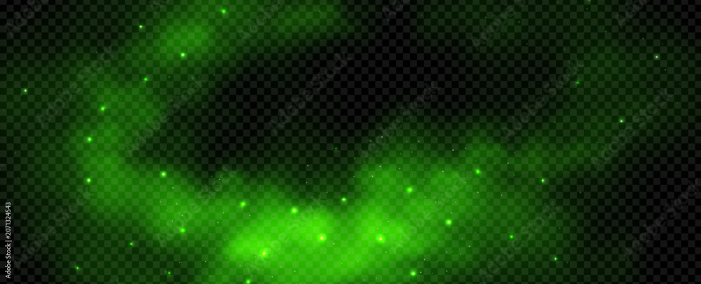 Fototapeta premium Cloud of magic smoke with green smell sparkle and light particle. Poison powder fog with halloween gas background effect and bolt arrow lightning. Paint mist with bright neon flare and glow energy