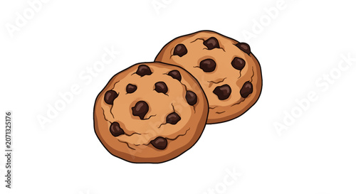 Vector illustration of two round golden-brown chocolate chip cookies with dark chocolate chunks and bold outlines isolated on a plain white background for graphic design use.