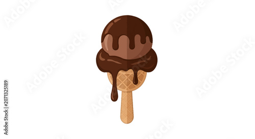 Single scoop chocolate ice cream on a small wafer waffle cone handle with dark chocolate syrup dripping over the sides, flat 2D vector illustration isolated on white background.