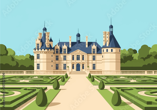 Flat vector illustration of a French Renaissance chateau with formal parterre gardens, stone towers, conical roofs, and manicured topiary trees against a clear blue sky.