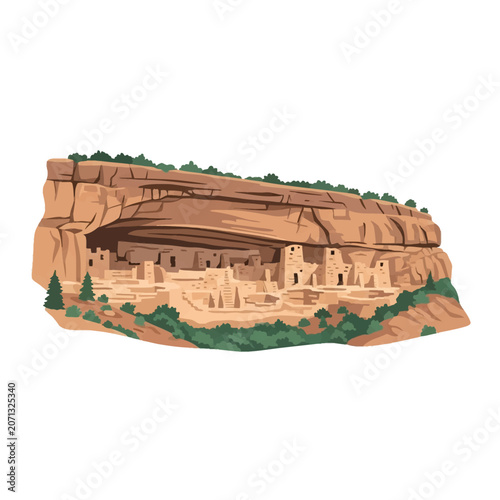 Vector illustration of ancient Puebloan cliff dwellings at Mesa Verde National Park, showing sandstone alcoves, multi-story stone structures, and green shrubs on a white background.