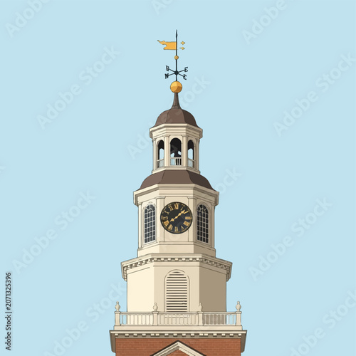 Architectural vector of a colonial clock tower steeple featuring black roman numeral clock, gold weathervane, cupola, and arched windows over a brick base on a blue background.